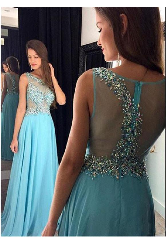 Light Sky Blue Long Prom Dress,Sleeveless Sheer Beading Special Occasion Party Gown For Girls,N85