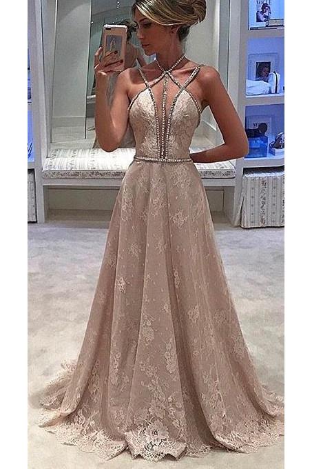 LaceProm Dress,Straps Prom Gown,Halter Sleeveless Formal Dress,A-line Evening Dress,Deep V-neck Prom Dress With Beading,N117