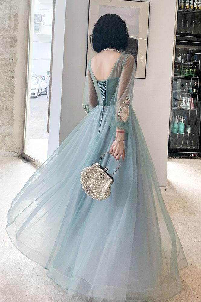 Elegant Long Sleeves Appliqued Tulle Prom Dress, Floor Length Appliques Evening Dress N2324