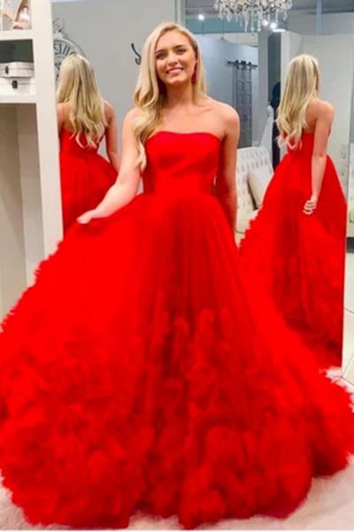 Red Strapless Cheap Tulle Prom Dress, A Line Long Prom Dress With Train N2440
