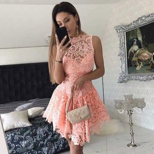 A-Line Short Dropped Pink Homecoming Dress,Mini Sleeveless Lace Cocktail Dress,N118
