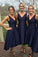 Elegant Midi Bridesmaid Dress,V-neck A-line Bridesmaid Gown,Navy Blue High Low Bridesmaid Dress,N146