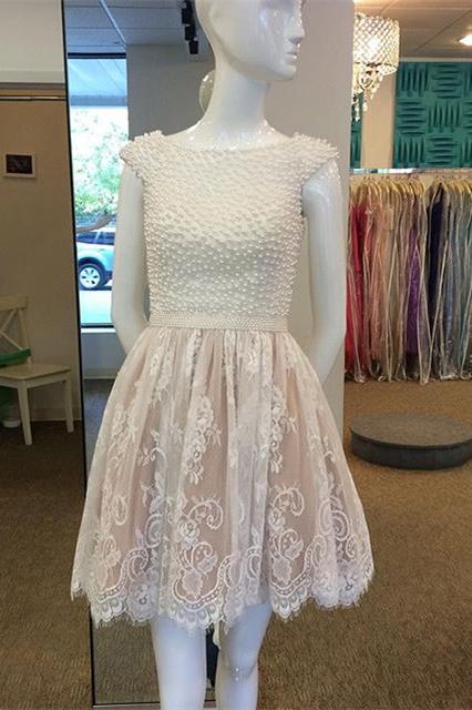 A Line Cap Sleeves Lace Homecoming Dress with Pearls, Short Lace Graduation Dress N2149