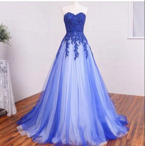 New Arrival Sweetheart Strapless Lace Appliqued Royal Blue Prom Dress,Simple Formal Dress,N138