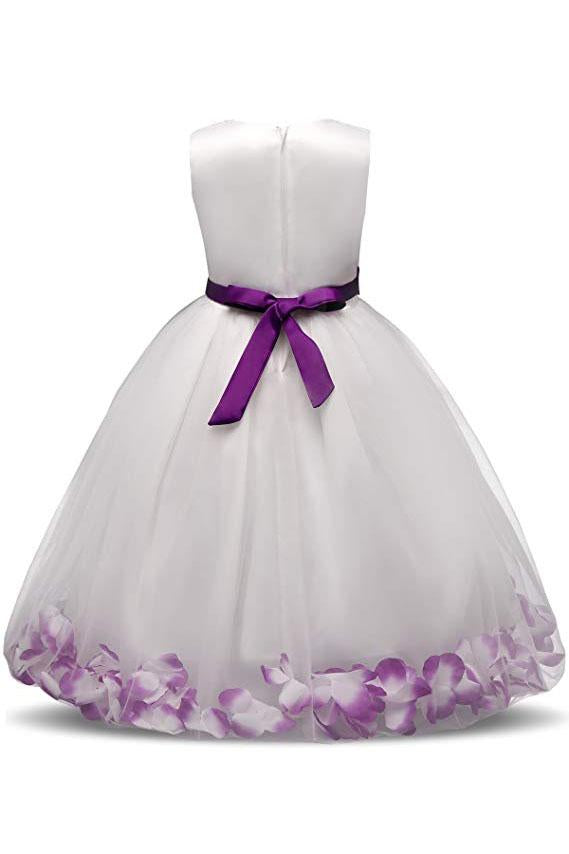 White Ball Gown Sleeveless Long Flower Girl Dress with Purple Flowers Sash F064