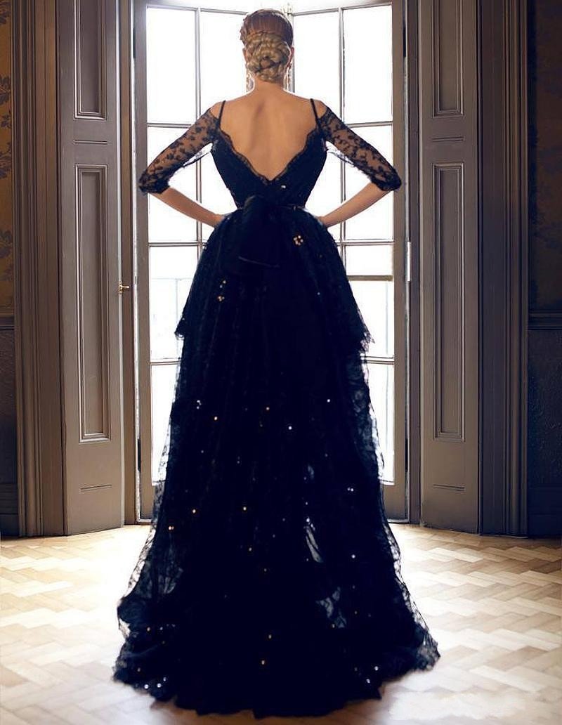 Elegant Black Lace High-low Half Sleeves Prom Dress Evening Dress N0003