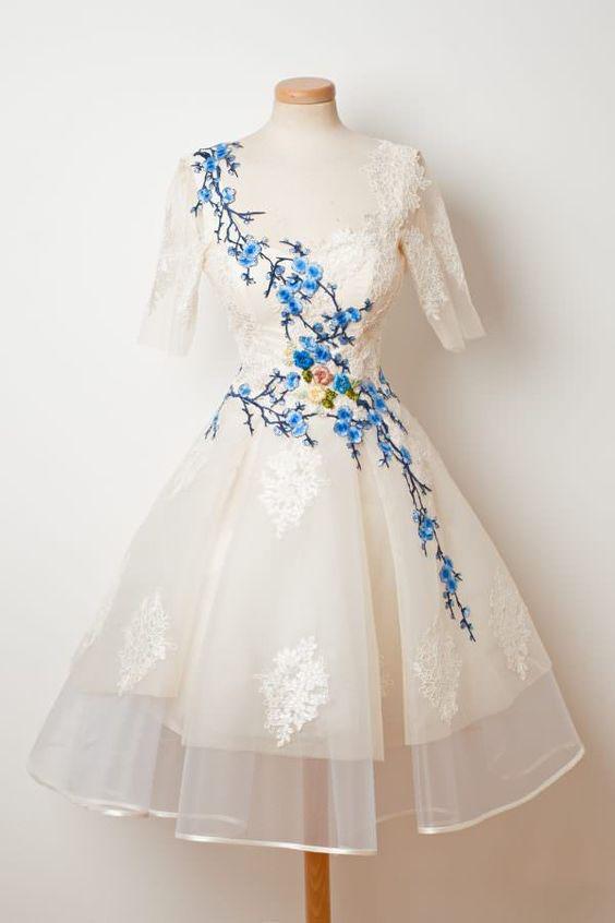 Ivory Half Sleeves A Line Homecoming Dress with Blue Appliques, Knee Length Prom Dress N2176