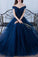 A-line Navy Blue off-the-Shoulder Long Prom Dresses,Tulle Evening Dress N23