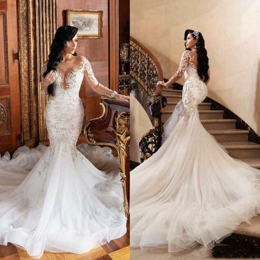 2024 V-neck Long Sleeves Lace Wedding Dresses