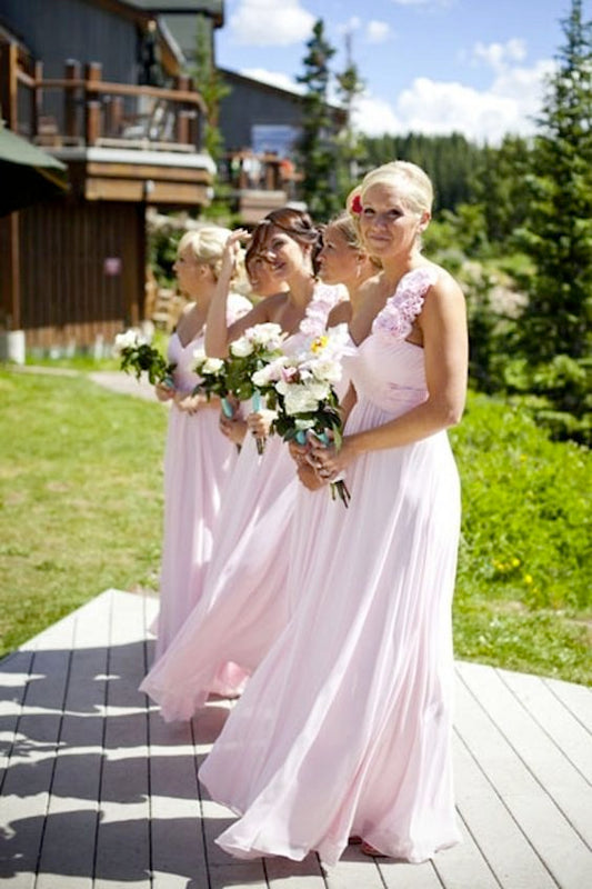 2024 Cheap A Line One Shoulder Floral Chiffon Pink Long Bridesmaid Dresses / Gowns