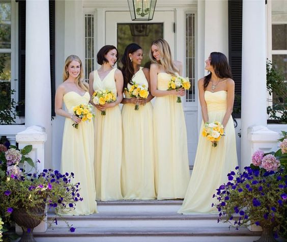 2024 Cheap A Line Daffodil Chiffon Strapless Long Bridesmaid Dresses / Gowns