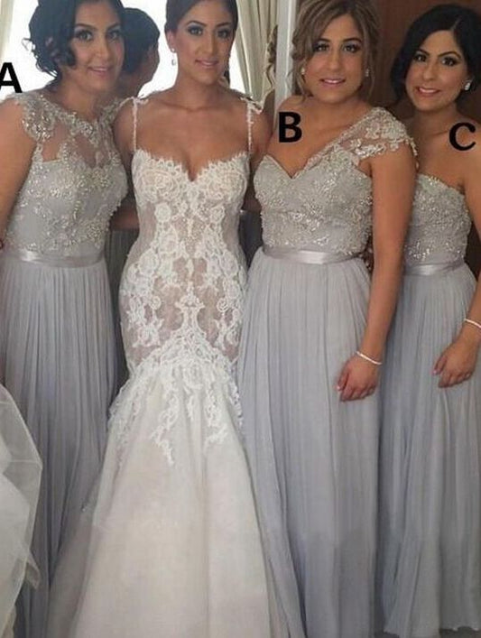 2024 Cheap A Line Silver Chiffon Beaded Long Bridesmaid Dresses / Gowns