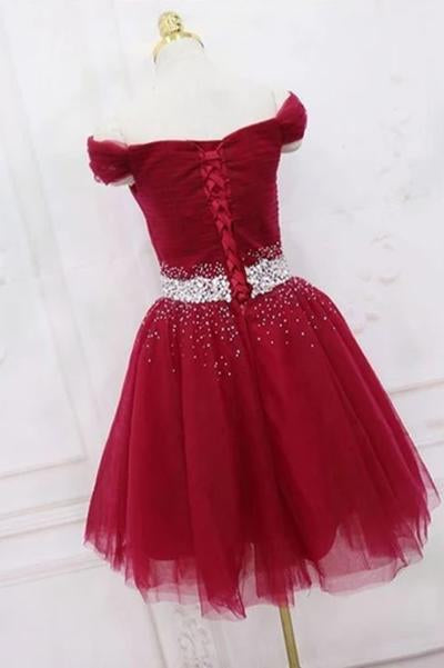 Burgundy Off the Shoulder Tulle Homecoming Dress, A Line Graduation Dress with Beads N1956
