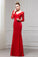 Red Long Sleeves V Neck Mermaid Floor Length Evening Dress with Lace N2330