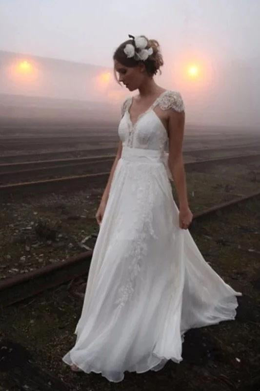 Romantic V Neck Cap Sleeves Chiffon Beach Wedding Dress with Lace Appliques N2428