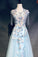 Unique Light Blue Cap Sleeves Prom Dress with Beading, Gorgeous Applique Formal Dress N1955