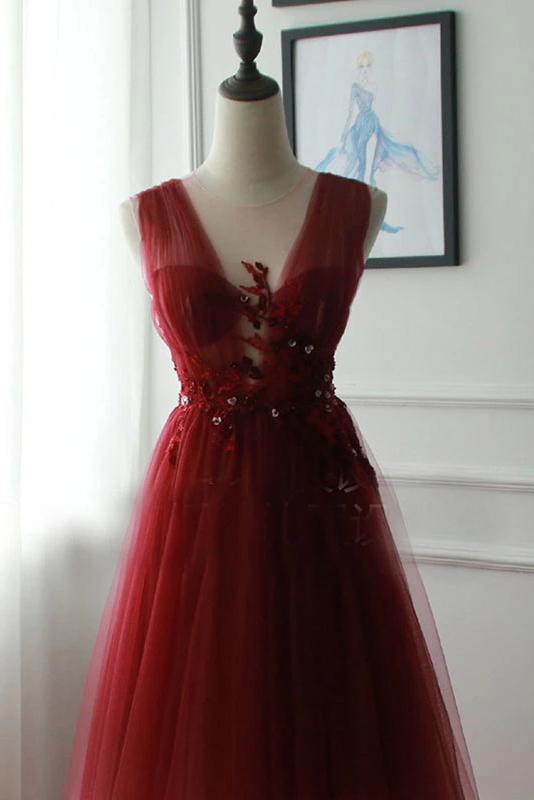 A Line V Neck Tulle Ombre Prom Dress, Cheap Appliqued Party Dresses N2447