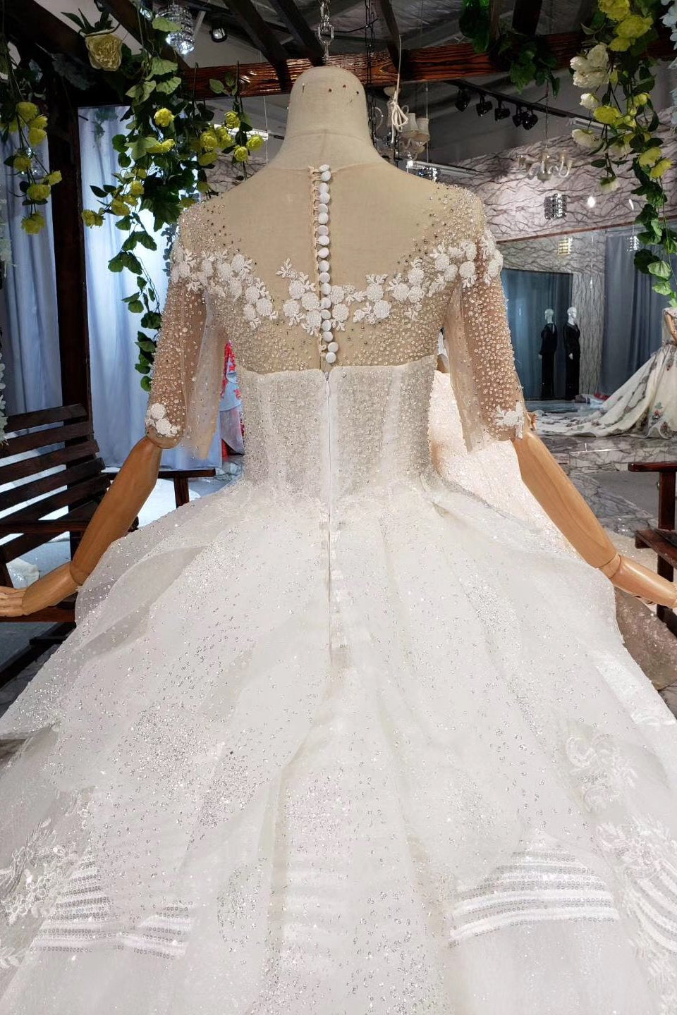 Ball Gown Half Sleeves Lace Bridal Dress with Sequins, Sheer Neck Long Wedding Dress N1970