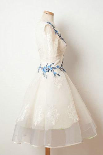Ivory Half Sleeves A Line Homecoming Dress with Blue Appliques, Knee Length Prom Dress N2176
