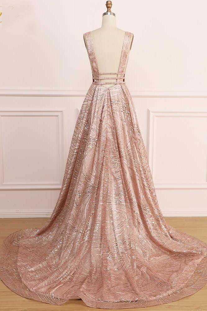 A Line Deep V Neck Long Prom Dress with Sequins, Glitter Sleeveless Evening Dress N2271
