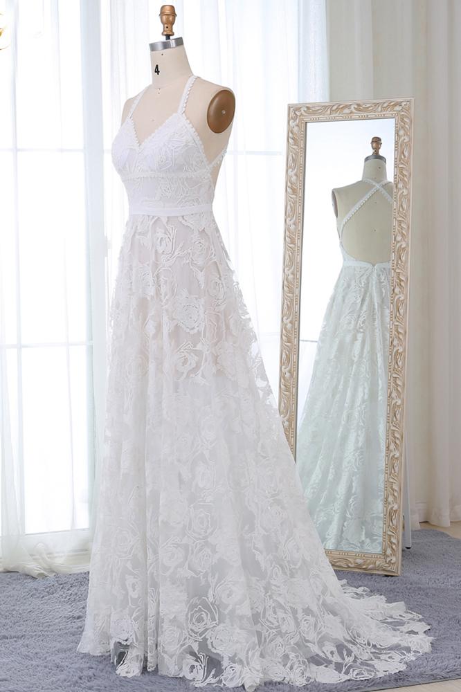 Straps Long Lace Wedding Dresses, Charming Lace Beach Wedding Dresses N2274