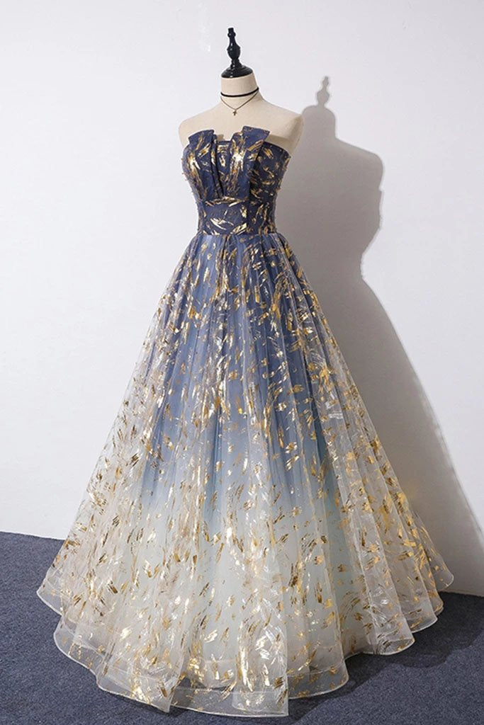 A Line Blue Tulle Strapless Long Prom Dress, Floor Length Graduation Dresses N2553