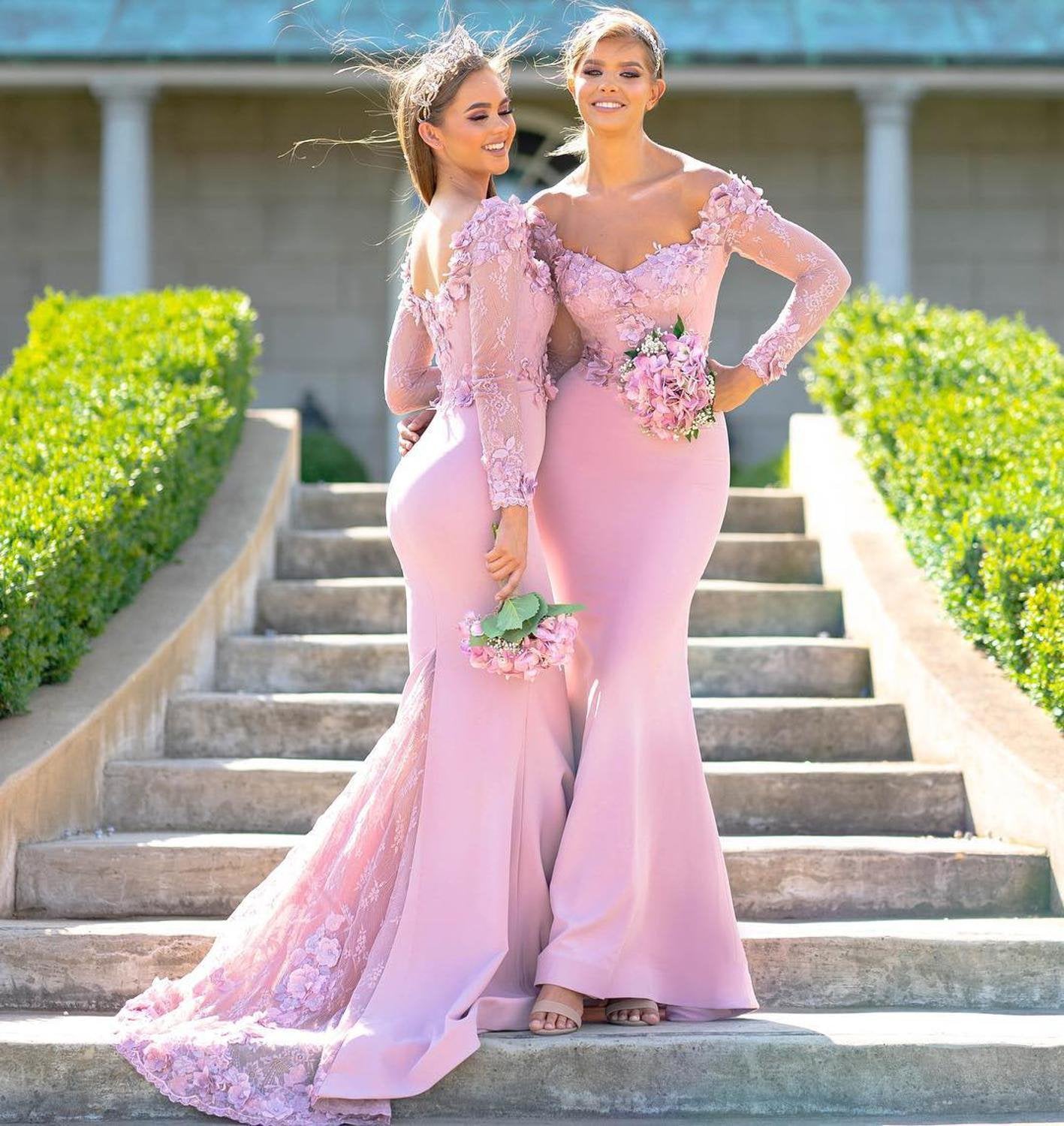 Pink Mermaid Applique Off-the-Shoulder Long Sleeves Floor-Length Bridesmaid Dresses N2481