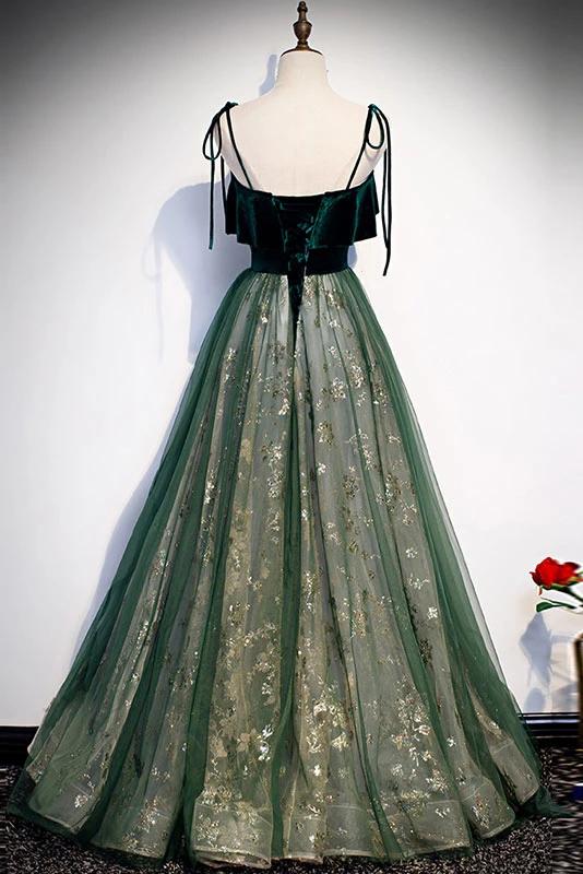Spaghetti Straps Tulle Lace Green Prom Dress, Floor Length Lace Up Formal Dress N2446