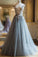 Beautiful Sheer Neck Long Tulle Prom Dress with Flowers, A Line Cap Sleeves Party Dresses N2453