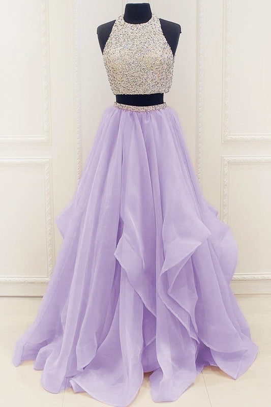 Lilac New Arrival Modest Organza Prom Dresses,Stunning Sequin Two Piece Prom Dress,N67
