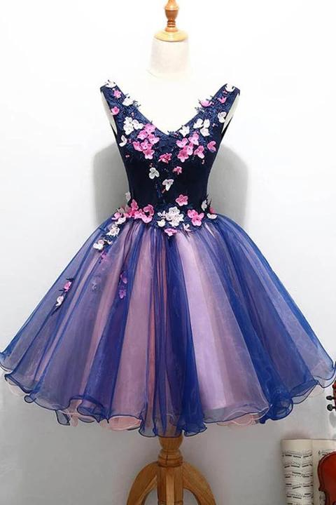 Cute V Neck Unique Flowers Cheap Homecoming Dresses with Beading, Sweet 16 Dress N2156