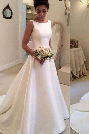 Classic Satin A Line Backless Wedding Dress,Long Backless Wedding Dresses with Bowknot N27