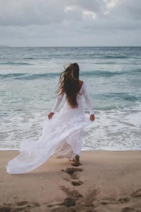 Ivory Long Sleeve Rustic Bridal Dresses Backless Sheath Beach Wedding Dress N2261