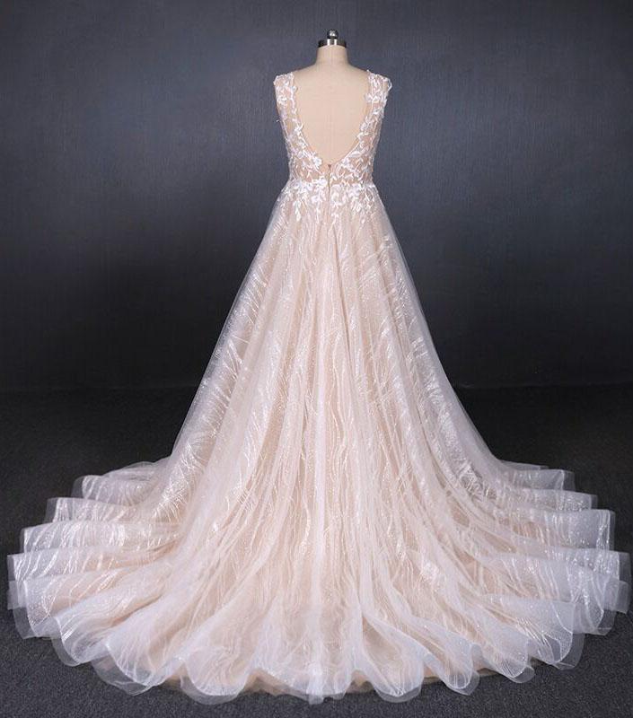 Puffy Sleeveless Lace Wedding Dresses, Elegant A Line Backless Bridal Dresses N2296