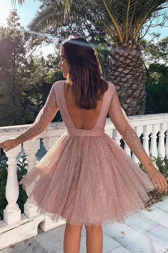 Pink Long Sleeve Sequin Short Homecoming Dresses Backless Prom Formal Dress N1954