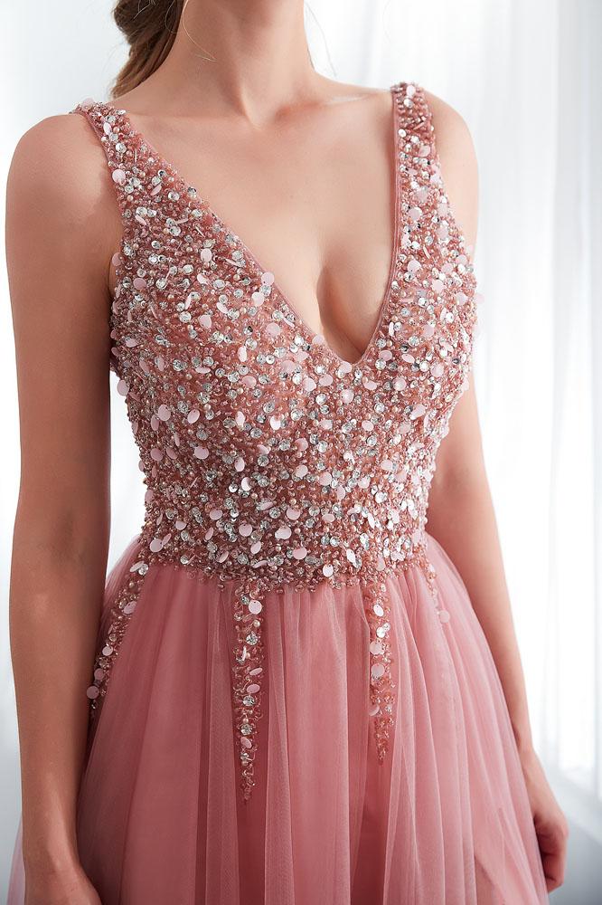 Beading V neck Pink High Split Tulle Sweep Train Sleeveless Evening Gown with Sequins N2278