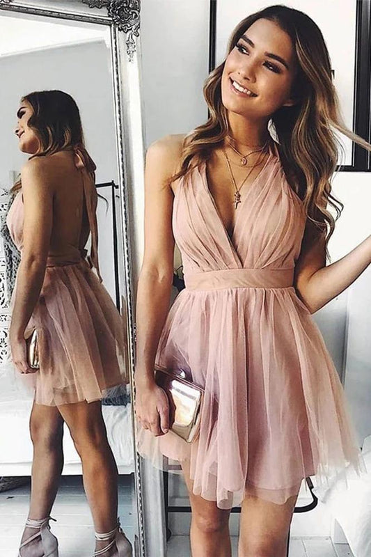 Cute Halter Above Knee Pink Tulle Short Prom Dresses, Pleated Homecoming Dresses N1986