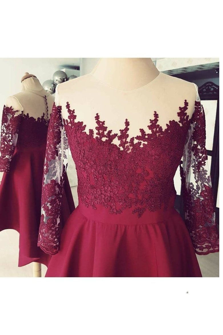 Dark Red Sheer Neck Homecoming Dress, High Low Appliques Satin Short Prom Dress N1870