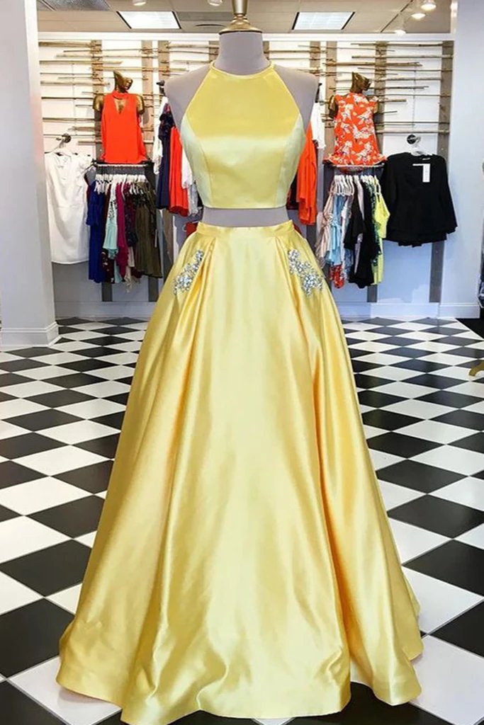 Yellow Satin Two Pieces Long Homecoming Dress with Silver Beading, Prom Dress N2043