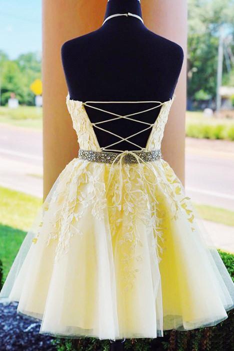 A Line Halter Sleeveless Homecoming Dress with Beads, Appliqued Short Formal Dress N2167