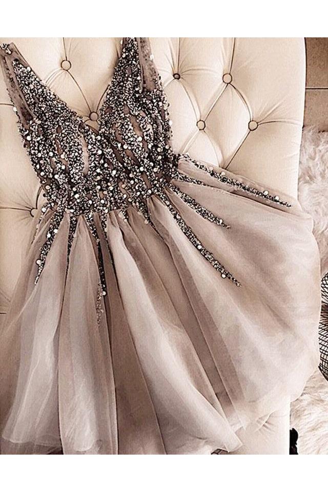 Gray Sparkly V Neck Sleeveless Tulle Homecoming Dress with Sequins, A Line Short Prom Dress N2015