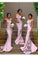 Pink Gorgeous Spaghetti Straps Mermaid Lace Backless Long Bridesmaid Dress N20