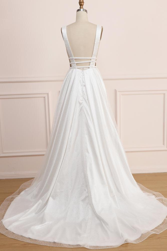 Deep V Neck Sleeveless Bridal Dress, Backless Long A Line Wedding Dresses N2270