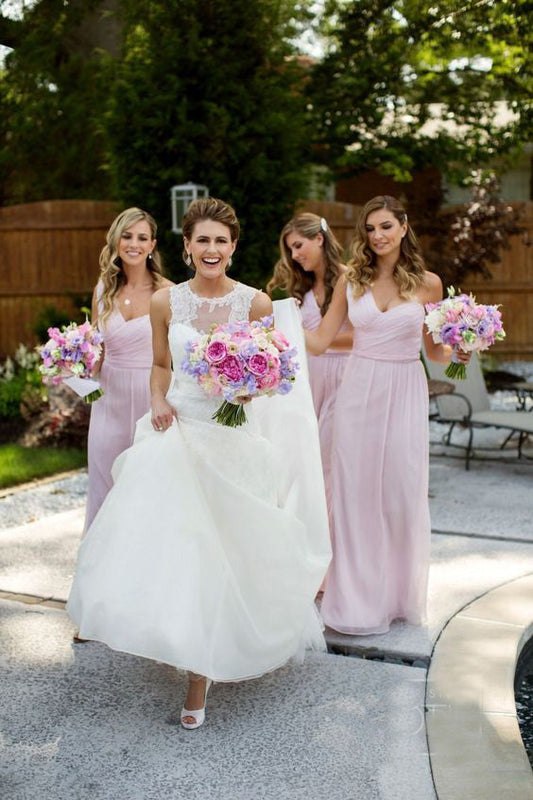 2024 Cheap A Line Chiffon Pink One Shoulder Long Bridesmaid Dresses / Gowns