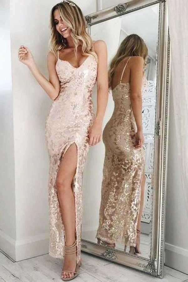 Sexy Spaghetti Straps Side Slit Long Prom Dresses, Sheath Split Formal Dresses N2614
