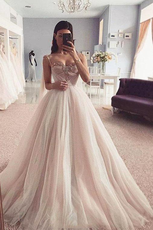 Charming Spaghetti Straps Sweetheart Tulle Prom Dress with Beading, Wedding Dresses N2472
