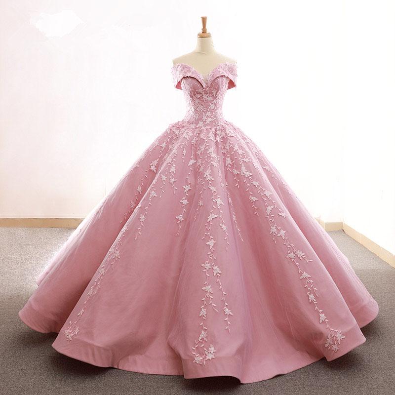 Ball Gown Off the Shoulder Satin Prom Dress with Lace Appliques, Long Quinceanera Dress N2530