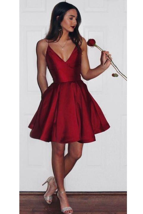 A-Line Spaghetti Straps V-Neck Burgundy Short Homecoming Dress,V-neck Short Prom Dress,N183