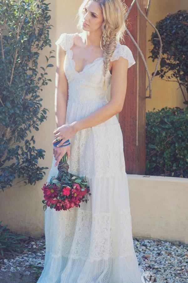 A-Line V Neck Floor Length Cap Sleeves Lace Beach Wedding Dress, Boho Wedding Dresses N2495