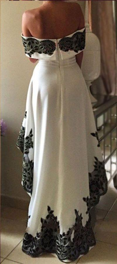 Gorgeous High Low Prom Dresses,Off-shoulder Lace White And Black Prom Gown,N84